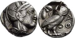 GRIECHISCHE MÜNZEN Attika Athen Tetradrachme 454/404 v. Chr. Kopf der Athena / Eule (Steinkauz), dahinter Olivenzweig und Mondsichel. 3h. Kampmann-Rutten 9 (Datierung 430er-420er v. Chr.); Kroll 8; HG