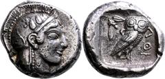 GRIECHISCHE MÜNZEN Attika Athen Tetradrachme 470/465 v. Chr. Kopf der Athena / Eule (Steinkauz), dahinter Olivenzweig und Mondsichel. 10h. Kampmann-Rutten 6 (Datierung 475er-465er v.); HGC 1593; Starr