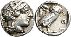 GRIECHISCHE MÜNZEN Attika Athen Tetradrachme 454/404 v. Chr. Kopf der Athena / Eule (Steinkauz), dahinter Olivenzweig und Mondsichel. 9h. Svoronos, Tf. 12-14; Kampmann-Rutten 9 (Datierung 430-420 v. C