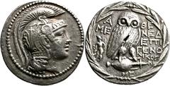 GRIECHISCHE MÜNZEN Attika Athen Tetradrachme "neuen Stils" 135/134 v. Chr., Magistrate Mened(emos), Epigen(es), Münzbeamter Nikog(e)ne(s). Kopf der Athena mit Greifenhelm / Eule (Steinkauz) auf Amphor