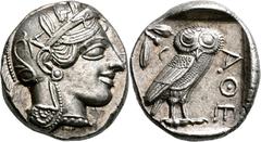 Sammlung de face Attika Athen Tetradrachme 454/404 v. Chr. Kopf der Athena / Eule (Steinkauz), dahinter Olivenzweig und Mondsichel. 6h. Kampmann-Rutten 9 (Datierung 430er-420er v.); Kroll 8; HGC 1597.
