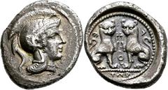 Sammlung de face Lykien Tlos Stater 400/380 v. Chr. Kopf der Athena mit attischem Helm sowie Scheibenohrring / 2 "Panther" mit erhobener linker bzw. rechter Vordertatze auf geperlter Grundlinie einand