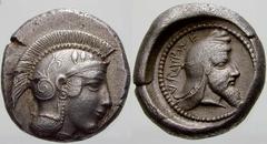 GRIECHISCHE MÜNZEN Lykien No.: 185 Schätzpreis-Estimation: EUR 3000.- Dynast Kherei. Stater 440/410 v. Chr., Pinara. Kopf der Athena / Kopf des Dynasten in rundem Incusum, Legende QIdJT. Vismara 172 v