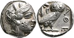 GRIECHISCHE MÜNZEN Attika Athen Tetradrachme 454/404 v. Chr. Kopf der Athena / Eule (Steinkauz), dahinter Olivenzweig und Mondsichel. 9h. Kampmann-Rutten 10 (Datierung 420er-404 v.); Kroll 8; HGC 1597