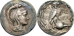 Attika Athen Tetradrachme neuen Stils Magistratsjahr des Demetrios und des Hieron (= 174/173 v. Chr.). 16.72 g. Kopf der Athena mit Greifenhelm / Eule auf Amphora, Beiz. makedonischer Helm mit Stern. 