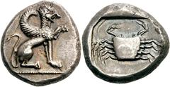 Lykien Unbestimmter Dynast (Amartite?) Stater 500/480 v. Chr., unbestimmte Münzstätte. 9.30 g. Sitzende Sphinx nach r. / Krebs in Quadratum incusum. Babelon, Traité II/1, 990 SNG Cop. Suppl. - SNG v. 