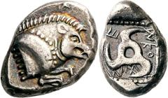 Lykien Dynast Ekuwemi Stater 480/460 v. Chr., unbestimmte Münzstätte. 9.02 g. Eberprotome nach r. / Triskeles in Quadratum incusum, im Feld Legende JVhiJXT. Babelon, Traité II/2, 158 var. (dort Eberpr