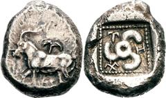 Lykien Limyra Stater um 480 v. Chr. (Zeit des Dynasten Kha... oder des Dynasten Thibanuwa). 9.68 g. Ziege nach l., im Feld lineares Symbol / Triskeles in Quadratum incusum, im Feld lineares Symbol und