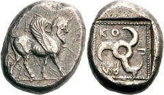 Lykien Dynast Kuprilli Stater 470/440 v. Chr., unbestimmte Münzstätte. 8.62 g. Menschenköpfiger geflügelter Stier nach r. / Triskeles in Quadratum incusum, im Feld Legende VhbdW. Babelon, Traité II/2,