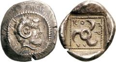 Lykien Dynast Kuprilli Tetrobol 470/440 v. Chr., unbestimmte Münzstätte. 2.57 g. Kopf des Zeus Ammon nach r. / Triskeles in Quadratum incusum, im Feld Legende VhbdWW. Babelon, Traité II/2, 309 SNG Cop