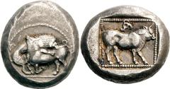 Lykien Unbestimmter Dynast (Kuprilli?) Stater um 440 v. Chr., unbestimmte Münzstätte (Xanthos?). 8.84 g. Löwe über Stier / Stier nach r. in Quadratum incusum, im Feld Triskeles. SNG Cop. Suppl. - Müse
