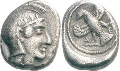 Lykien Dynast Khinakha Tetrobol 470/440 v. Chr., unbestimmte Münzstätte. 2.65 g. Kopf der Athena mit attischem Helm nach r. / Adler von vorn in rundem Incusum, im Feld Legende QT. Müseler / Nollé IV, 