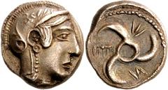 Lykien Dynast Khinakha Diobol 470/440 v. Chr., unbestimmte Münzstätte. 1.43 g. Kopf der Athena mit attischem Helm nach r. / Triskeles in rundem Incusum, im Feld Legende QTZ. Babelon, Traité - SNG Cop.