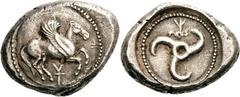 Lykien Unbestimmter Dynast (Khinakha?) Stater 460/440 v. Chr., unbestimmte Münzstätte in Ostlykien. 9.82 g. Pegasos nach r. auf Rundschild, im Feld Monogramm oder lineares Symbol / Triskeles in rundem
