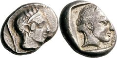 Lykien Dynast Vekhssere I. Stater 440/430 v. Chr., Xanthos. 8.43 g. Kopf der Athena mit attischem Helm nach r. / Kopf des Apollon nach r. in Quadratum incusum, im Feld Diskeles. Vismara, Vekhssere (Vi