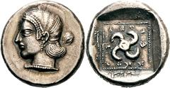 Lykien Dynast Teththiveibi Stater 440/430 v. Chr., unbestimmte Münzstätte (Phellos?). 7.04 g. Kopf der Aphrodite nach l. / Tetraskeles in Quadratum incusum, im Feld Legende fIggTiITFT (retrograd). Müs