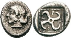 Lykien Dynast Sppntaza Tetrobol 440/430 v. Chr., unbestimmte Münzstätte (Phellos?). 3.14 g. Kopf der Aphrodite nach l. / Tetraskeles in Quadratum incusum, im Feld Legende mbba. Babelon, Traité II/2, 3