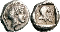 Lykien Dynast Kherei Stater 430/410 v. Chr., Pinara. 8.60 g. Kopf der Athena mit attischem Helm nach r. / Kopf des Dynasten mit persischer Kyrbasia nach r. in Quadratum incusum, im Feld Legende QIdJT 