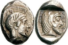 Lykien Dynast Kherei Stater 430/410 v. Chr., Telmessos. 8.58 g. Kopf der Athena mit attischem Helm nach r. / Kopf des Herakles nach r. in Quadratum incusum, im Feld Legende QIdJT fIWIFIPTPI. Müseler/N