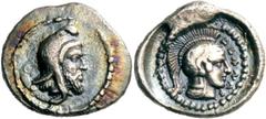 Lykien Dynast Ddenevele Obol 410/400 v. Chr., Xanthos (?). 0.68 g. Kopf des Dynasten (?) mit persischer Kyrbasia nach r. / Kopf der Athena mit attischem Helm nach r. in rundem Incusum, im Feld Legende