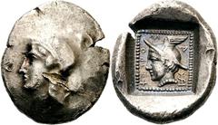 Lykien Dynast Hntruma Stater 410/400 v. Chr., Kadyanda. 8.35 g. Kopf der Athena mit attischem Helm nach l. / Kopf des Hermes mit geflügeltem Petasos nach l. in flachem Quadratum incusum, im Feld linea