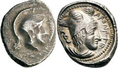 Lykien Xanthos Stater 400/390 v. Chr. (Zeit des Dynasten Vekhssere II.). 8.22 g. Kopf der Athena mit attischem Helm nach r. / Büste des Hermes oder eines Kabeiros mit geflügeltem Pilos in rundem Incus