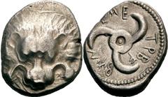 Lykien Dynast Trbbênimi Tetrobol 390/370 v. Chr., Wedri. 3.12 g. Löwenmaske von vorn / Triskeles in rundem Incusum, im Feld Legende fdFFJZTXT und i. Podalia Hoard 130 Müseler/Nollé VIII, 53 Sehr schön