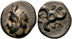 Lykien Dynast Perikle Bronze 380/360 v. Chr., unbestimmte Münzstätte (Limyra?). 2.35 g. Gehörnter Kopf des Pan nach l. / Triskeles, im Feld Legende bIdTVW. Müseler/Nollé VIII, 74 BMC 158 Braungrüne Pa