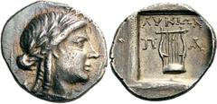 Lykien Lykische Liga Drachme 167/81 v. Chr., Patara. 2.46 g. Büste des Apollon mit Köcher nach r. / Lyra in flachem Quadratum incusum, im Feld Legende LUKIWN und P - A. Troxell, Lycian League 19 Müsel