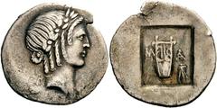 Lykien Lykische Liga Hemidrachme 44/18 v. Chr., Bezirk Masikytos. 1.69 g. Kopf des Apollon nach r. / Lyra in flachem Quadratum incusum, im Feld Dreifuß und Legende M-A. Troxell, Lycian League 110 Müse