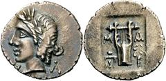 Lykien Lykische Liga Reduzierte Hemidrachme nach 18 v. Chr., Bezirk Masikytos. 1.66 g. Kopf des Apollon nach l., im Feld Legende U-L / Lyra in flachem Quadratum incusum, im Feld Dreizack und Kerykeion