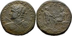 Galatien Ankyra Caracalla, 198-217 Bronze 19.12 g. Büste mit Schild und Speer / Demeter mit Zepter und Ähren auf Thron, davor weibliche Gestalt mit Stab. Arslan, Ancyra - SNG BN 2483 Bräunliche Patina