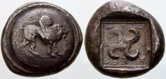 GRIECHISCHE MÜNZEN (GREEK COINS) -Lykien -Lykien 104. Dynast Teththiveibi. Stater 450/420 v. Chr., Kandyba (?). Geflügelter Löwe auf Rundschild / Tetraskeles in Quadratum incusum. Vismara 137; Babelon