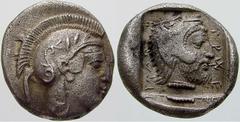 GRIECHISCHE MÜNZEN (GREEK COINS) -Lykien -Lykien 107. Dynast Kherei. Tetrobol 440/410 v. Chr., Telmessos. Kopf der Athena mit attischem Helm / Kopf des Herakles in flachem Quadratum incusum. Vismara -