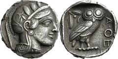 Attika Athen Tetradrachme 448/415 v. Chr. Kopf der Athena / Eule. Svoronos, Tf. 13, 8 Starr Tf. XXII, 2 16.67 g.; Attraktiver frühklassischer Stil in feiner Tönung Sehr schön