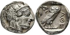 Attika Athen Tetradrachme 448/415 v. Chr. Kopf der Athena / Eule. Svoronos, Tf. 11 , 11 17.12 g.; Schöner frühklassischer Stil Vorzüglich