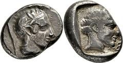 Lykien Dynast Vekhssere I. Stater 440/430 v. Chr., Xanthos. Kopf der Athena mit attischem Helm nach rechts / Kopf des Apollon nach rechts in Quadratum incusum, im Feld Diskeles. Vismara, Vekhssere (Vi