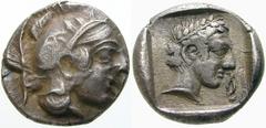 GRIECHISCHE MÜNZEN (GREEK COINS) -Lykien -Lykien 456. Dynast Vekhssere I.. Diobol 440/430 v. Chr., Xanthos. Kopf der Athena / Kopf des Apollon in Quadratum incusum, im Feld Diskeles. Vismara, Vekhsser