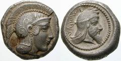 GRIECHISCHE MÜNZEN (GREEK COINS) -Lykien -Lykien 458. Dynast Kherei. Stater 440/410 v. Chr., Pinara. Kopf der Athena / Kopf des Dynasten in rundem Incusum, Legende . Vismara 172 var.; Babelon, Traité 