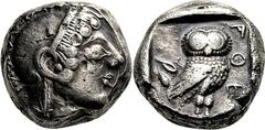 Attika Athen Tetradrachme um 490 v. Chr. Kopf der Athena / Eule. Svoronos, Tf. 4, 31 var Seltman, Athens, 356 var. (A 234 / P -): Gruppe M 17.16 g.; Interessanter archaischer Stil Sehr schön Stempelgl