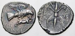 GRIECHISCHE MÜNZEN (GREEK COINS) -Elis -Olympia 190. Drachme nach 191 v. Chr. Adler über Hasen / Geflügeltes Blitzbündel, im Feld Monogramm und Krater. Schwabacher in NC 1939, S. 246, 31. 4.19 g. Selt