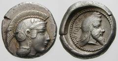 GRIECHISCHE MÜNZEN (GREEK COINS) -Lykien -Lykien 270. Dynast Kherei. Stater 440/410 v. Chr., Pinara. Kopf der Athena / Kopf des Dynasten in rundem Incusum, im Feld Legende QIdJT. Vismara 172 var.; Moe