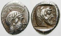 GRIECHISCHE MÜNZEN (GREEK COINS) -Lykien -Lykien 271. Dynast Kherei. Stater 440/410 v. Chr., Telmessos. Kopf der Athena / Kopf des Herakles in Quadratum incusum, im Feld Legende QIdJT fIWIFIPTPI. SNG 