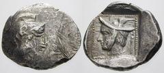 GRIECHISCHE MÜNZEN (GREEK COINS) -Lykien -Kadyanda 276. Stater um 400 v. Chr. (Zeit des Dynasten Hntruma). Kopf der Athena / Kopf des Hermes mit geflügeltem Petasos in Quadratum incusum, im Feld Keryk
