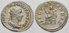 RÖMISCHE MÜNZEN (ROMAN COINS) -Kaiserliche Prägungen -Kaiserliche Prägungen 803. Philippus I. Arabs, 244 - 249.. Antoninian 244/245. Büste / Securitas mit Zepter auf Thron. RIC 48b; C. 215. 4.16 g. Vo