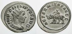 RÖMISCHE MÜNZEN (ROMAN COINS) -Kaiserliche Prägungen -Kaiserliche Prägungen 811. Philippus I. Arabs, 244 - 249.. Antoninian 248/249. Büste / Elefant mit Reiter. RIC 58; C. 17. 3.49 g. Sehr schön/Vorzü