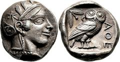 Attika Athen Tetradrachme 454/449 v. Chr. Kopf der Athena / Eule. Svoronos, Tf. 10, 16 Starr, 200 (Gruppe V B 4) 16.93 g.; Von eindrucksvollem spätarchaischen Stil in feiner Tönung Vorzüglich