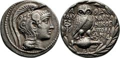 Attika Athen Tetradrachme neuen Stils Magistratsjahr des Polycharm(on) und des Nikoge(nes) (165/164 v. Chr.), 4. Monat, Münzbeamter Apollonios. Kopf der Athena / Eule auf Amphora, Beiz. geflügeltes Ke