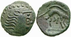 KELTISCHE MÜNZEN (CELTIC COINS) -Gallier -Ligurische Stämme in Gallia Cisalpina oder Helvetier 16. Bronze - Imitation der leichten Drachmen von Massalia. Stark stilisierter Kopf / Löwe. Castelin 1058;