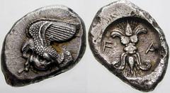 GRIECHISCHE MÜNZEN (GREEK COINS) -Elis -Olympia 403. Stater 468/452 v. Chr. Fliegender Adler mit Hase in den Fängen / Geflügeltes Blitzbündel. Seltman 26; Slg. BCD (=Auktion Leu 90, 2004), 17. 12.00 g